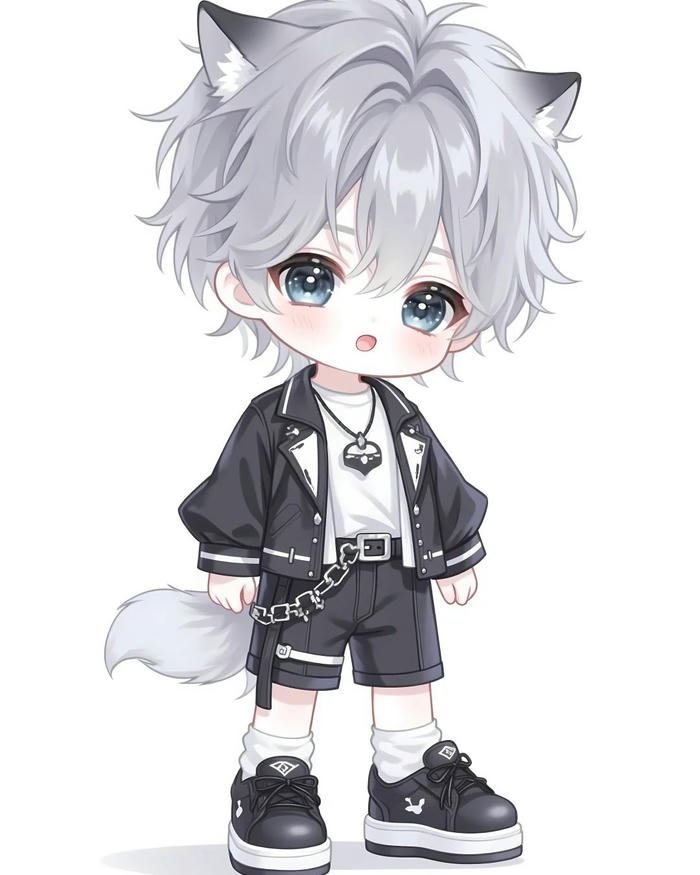Ảnh chibi bé trai tai sói xám trang phục đen ngầu