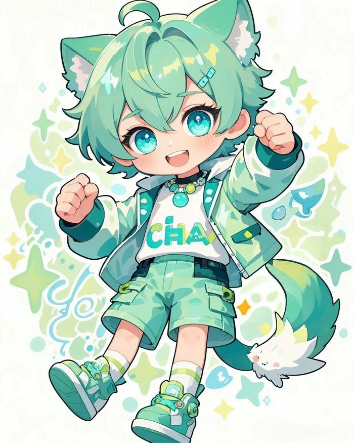 Ảnh chibi bé trai tóc xanh lá cây tai mèo cute