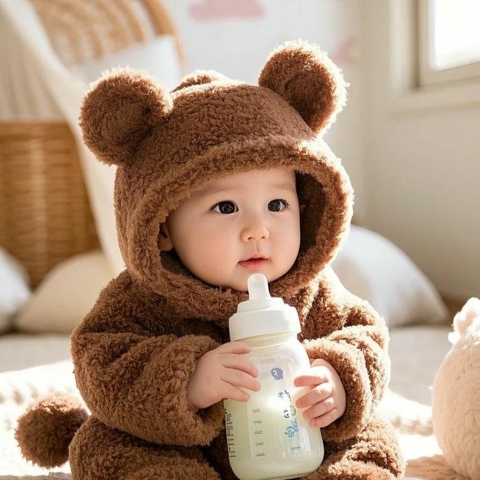 Ảnh em bé dễ thương mặc đồ gấu nâu ngồi ngoan