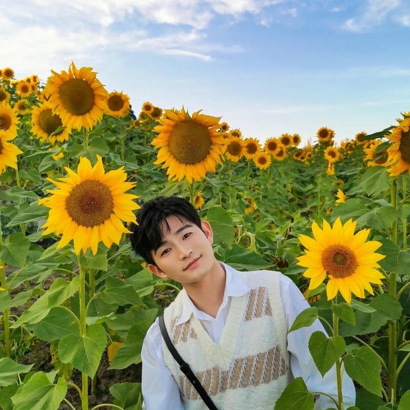 Ảnh nam thần sơ mi trắng bên hoa hướng dương