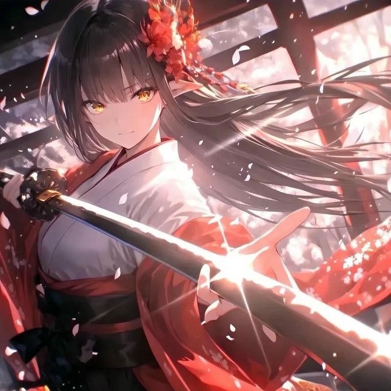 Avatar anime nữ chất mặc kimono đỏ cầm kiếm nhật