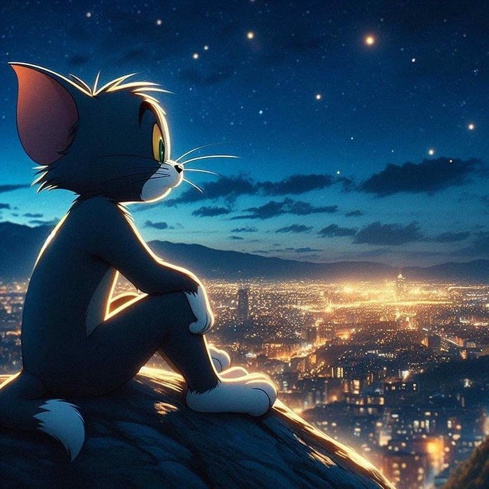 Avatar buồn mèo Tom ngồi ngắm thành phố đêm tâm trạng