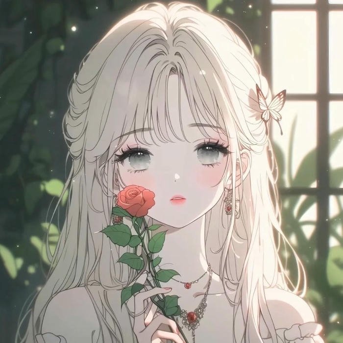 Avatar buồn nữ anime cầm hoa hồng ánh mắt u sầu