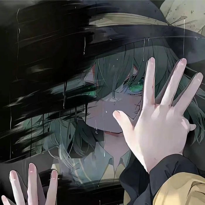 Avatar buồn nữ anime chạm tay vào kính ướt mưa