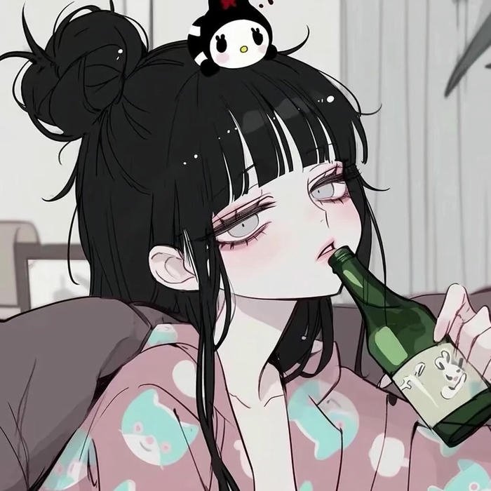 Avatar buồn nữ anime ngồi uống nước vẻ mặt chán