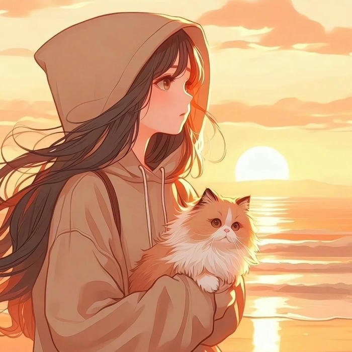 Avatar buồn nữ anime ôm mèo dưới ánh hoàng hôn