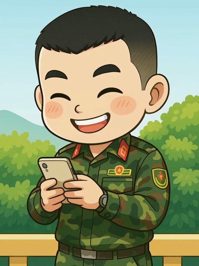 Avatar chú bộ đội chibi đang xem điện thoại chăm chú