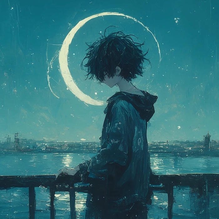 Avatar cô đơn anime boy đứng dưới ánh trăng xanh biếc
