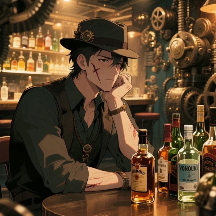 Avatar cô đơn anime nam ngồi uống rượu trong quán bar