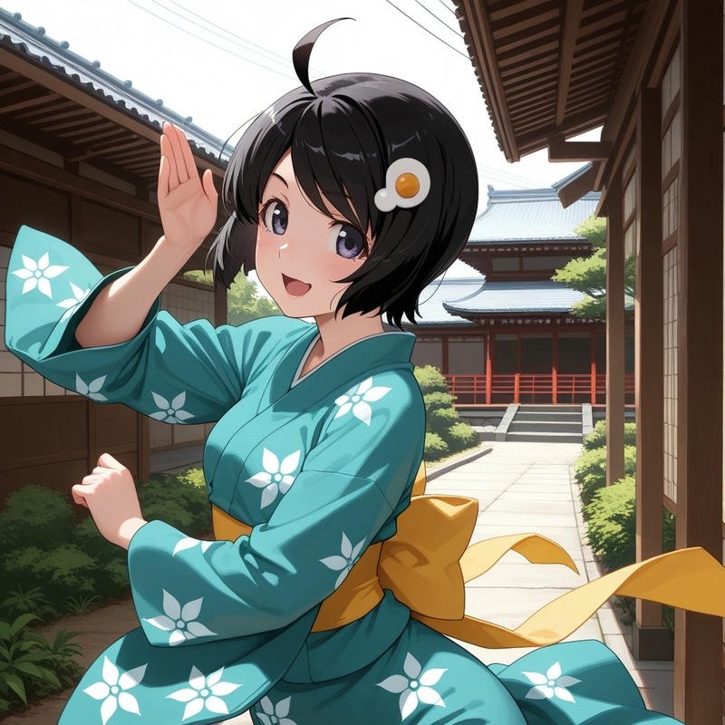 Avatar cute nữ tóc đen ngắn kimono xanh nhẹ nhàng