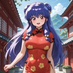 Avatar cute nữ tóc tím váy sườn xám đỏ xinh xắn