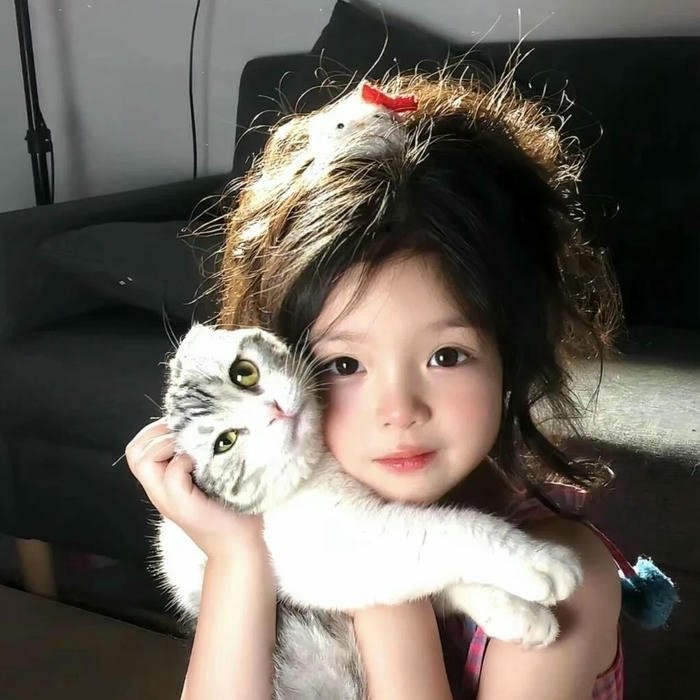 Avatar em bé cute bé gái tóc xoăn ôm mèo bông