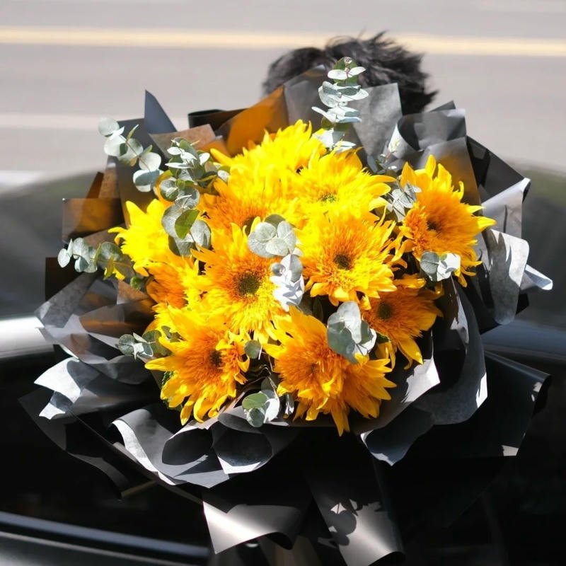 Avatar hoa hướng dương bó hoa giấy gói đen sang trọng
