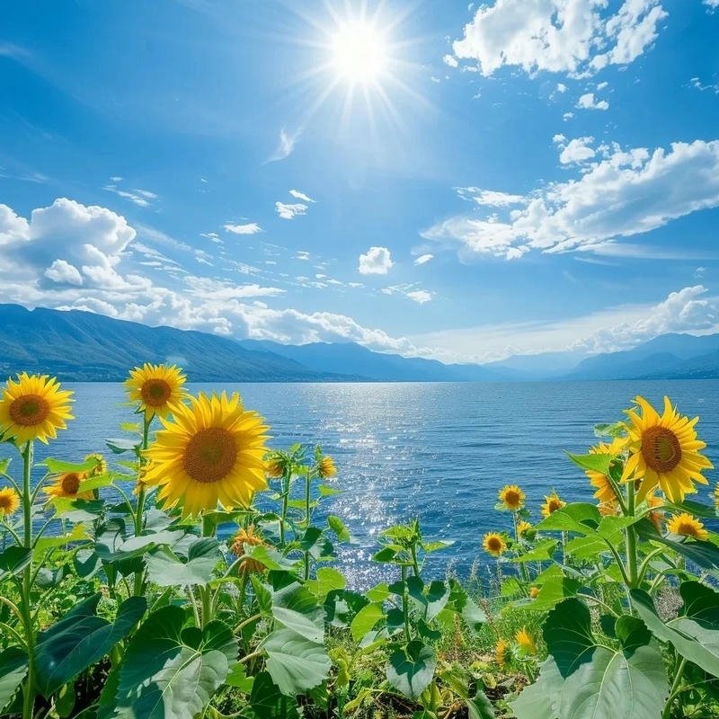 Avatar hoa hướng dương cánh đồng ven hồ nước xanh biếc