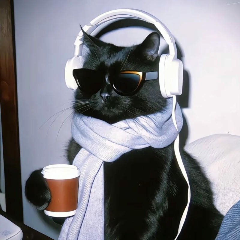 Avatar mèo đen đeo tai nghe khăn quàng cổ