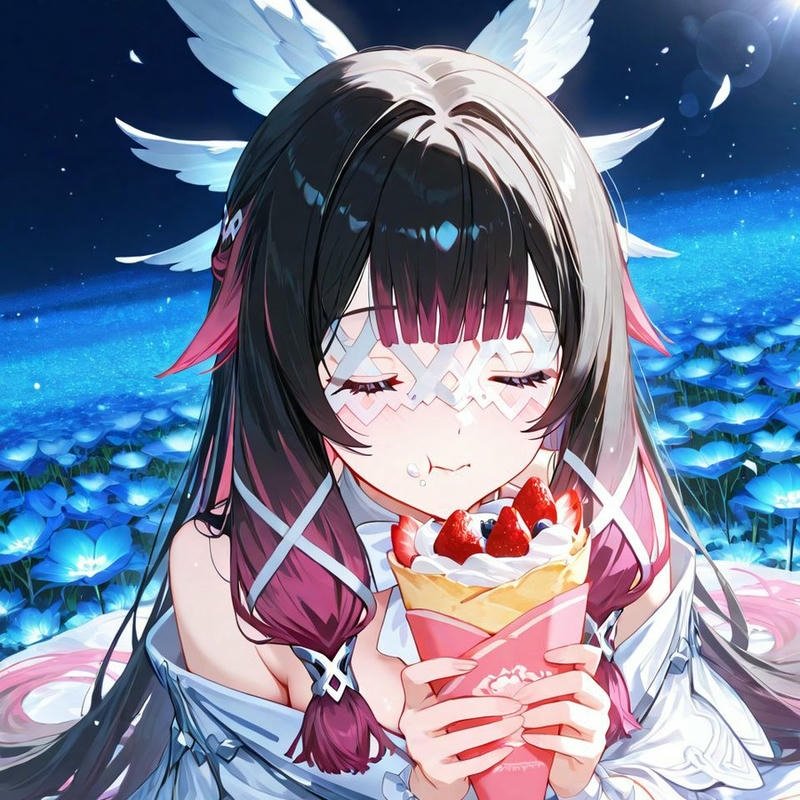 Avatar nữ anime cute tóc đen ăn bánh kem ngon