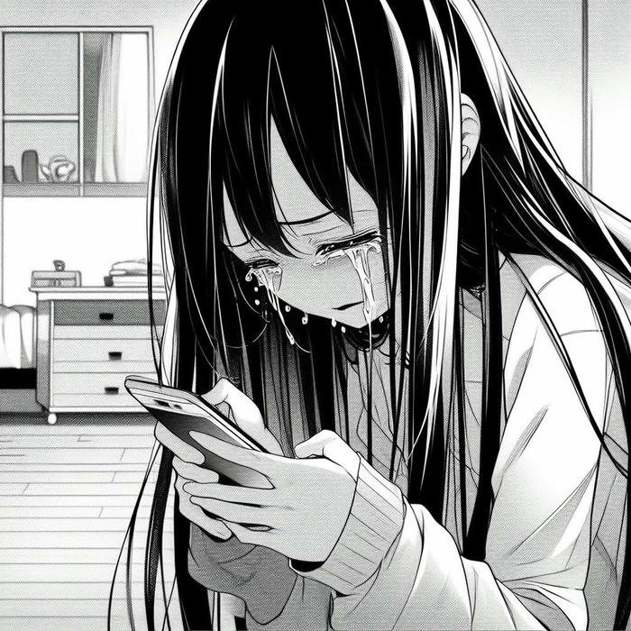 Avatar sad nữ cầm điện thoại vẻ mặt lo âu