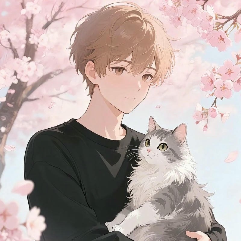 Avatar tiktok đẹp nam ôm mèo dưới hoa anh đào