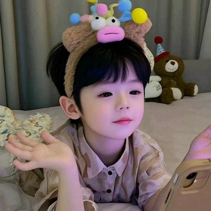 Baby cute bé trai đeo bờm sắc màu tay chống cằm