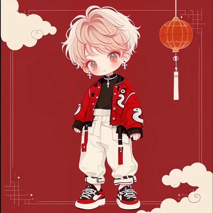 Chibi bé trai cute mặc áo đỏ tết may mắn đẹp