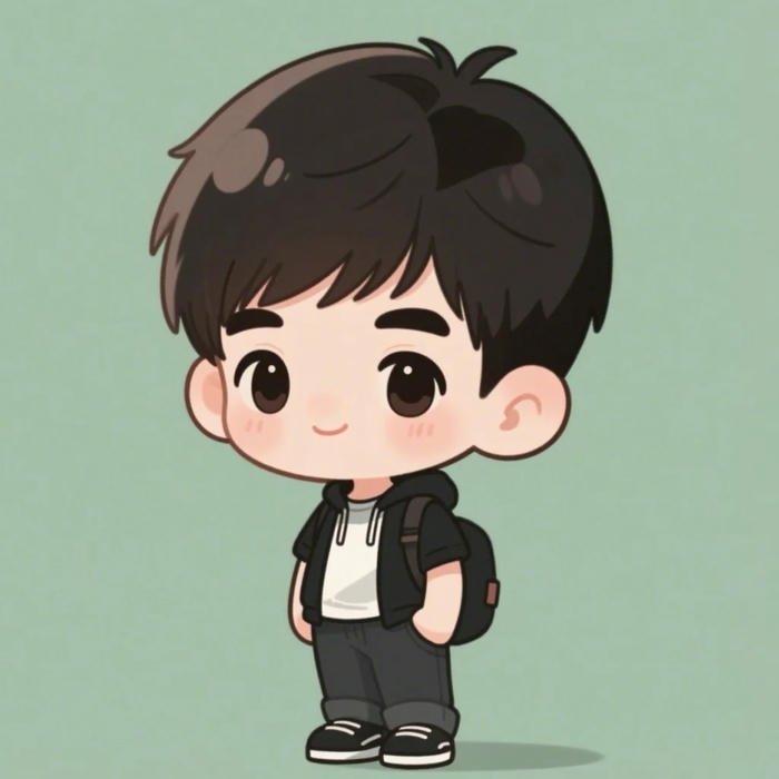 Chibi bé trai cute mặc áo khoác đen đeo ba lô