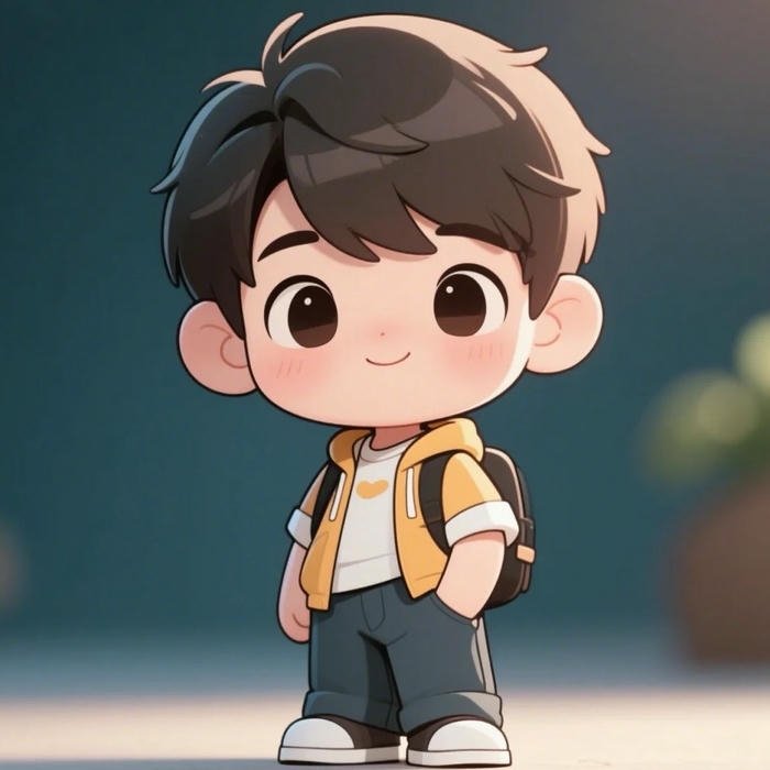 Chibi bé trai ngầu mặc áo khoác vàng quần jean xanh