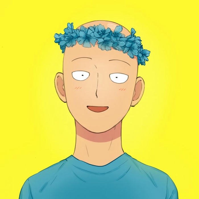Discord avatar Saitama đầu trọc đội vòng hoa xanh
