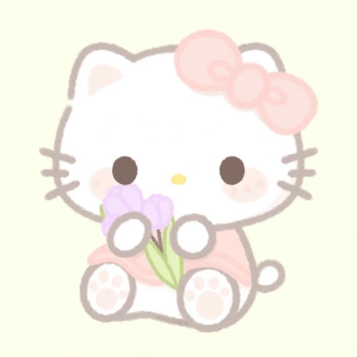 Hello kitty dễ thương ngồi thẩn thơ bên bông hoa tím
