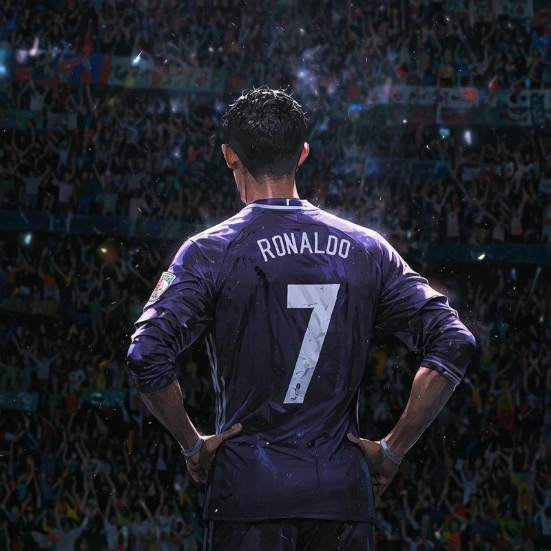 Hình CR7 quay lưng mặc áo tím sân khách Real Madrid