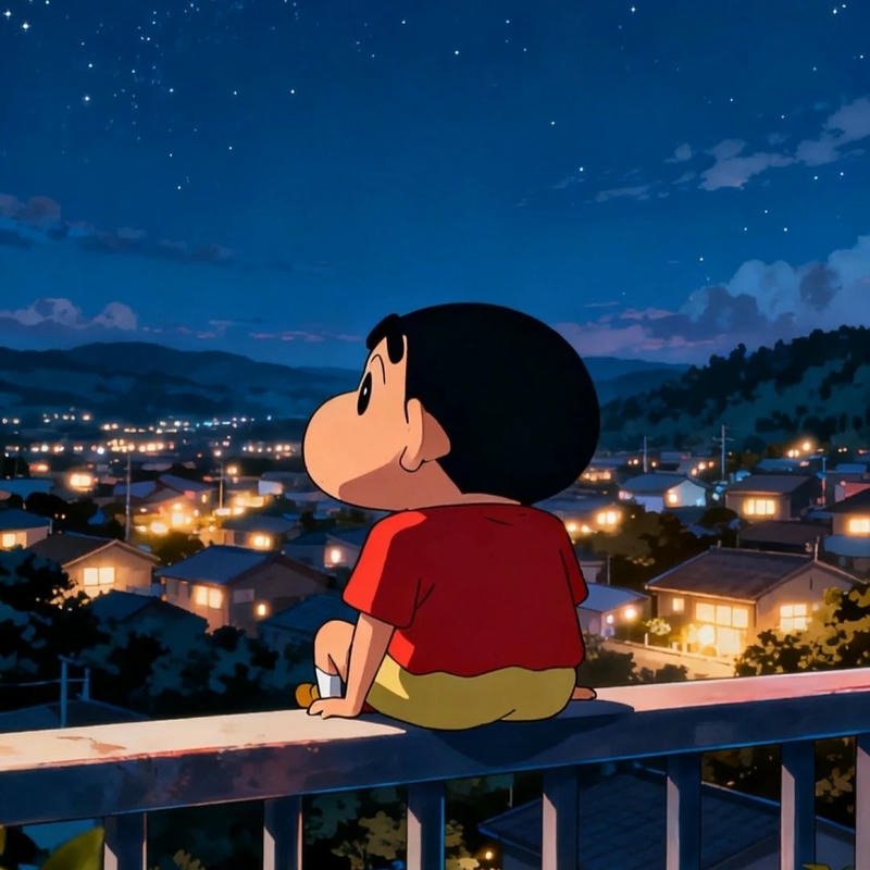 Hình Shin ngồi ngắm cảnh thành phố về đêm yên bình