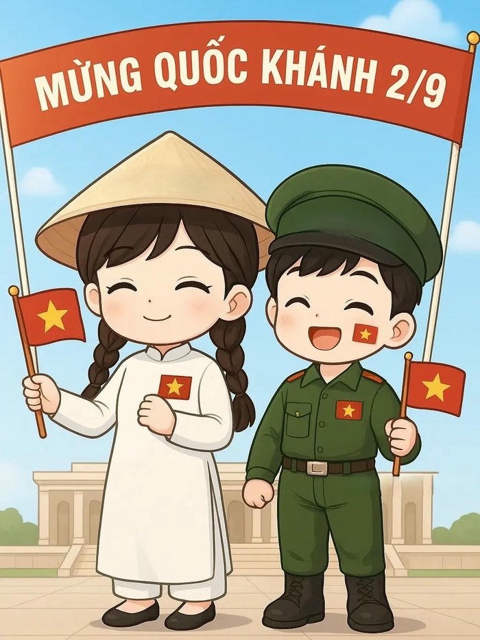 Hình ảnh chú bộ đội chibi cầm cờ mừng quốc khánh