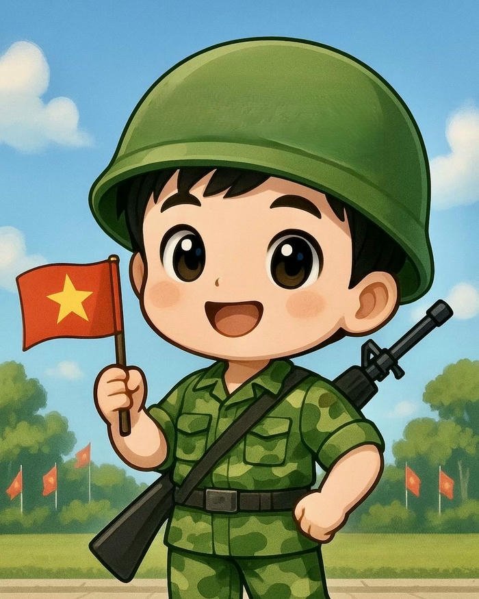 Hình ảnh chú bộ đội chibi cầm cờ tổ quốc nhỏ