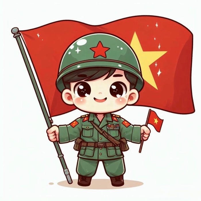 Hình ảnh chú bộ đội chibi cầm lá cờ đỏ lớn
