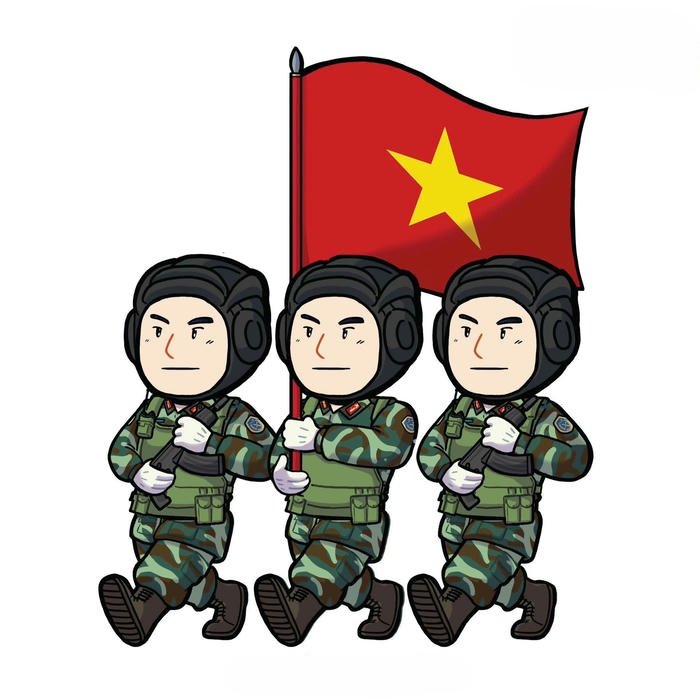 Hình ảnh chú bộ đội chibi đi diễu hành cầm cờ