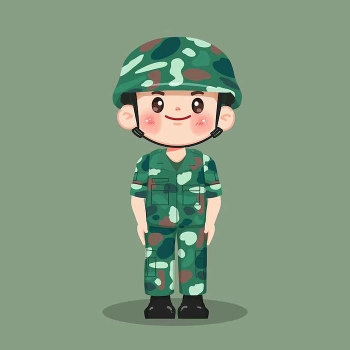 Hình ảnh chú bộ đội chibi đứng nghiêm trang trang phục xanh