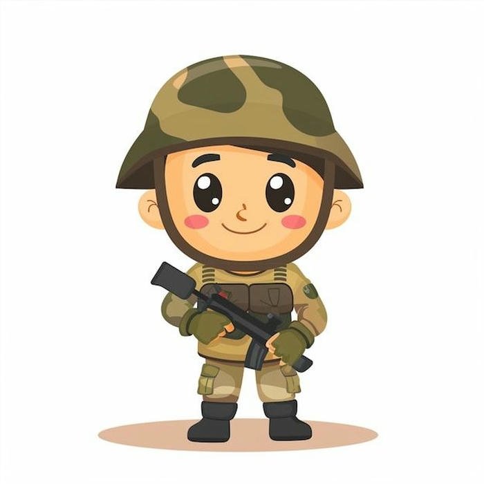 Hình ảnh chú bộ đội chibi đứng thẳng tay cầm súng