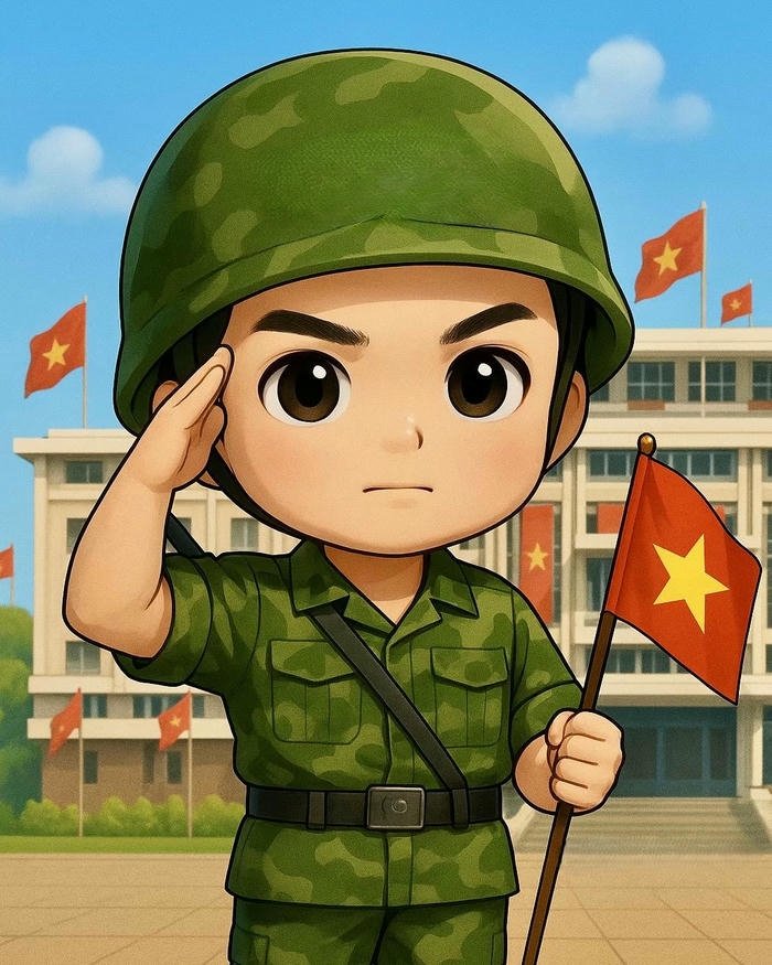 Hình ảnh chú bộ đội chibi giơ tay chào cờ nghiêm