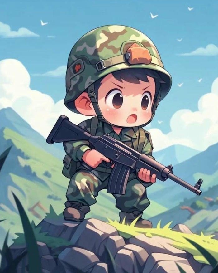 Hình ảnh chú bộ đội chibi hành quân trong rừng xanh