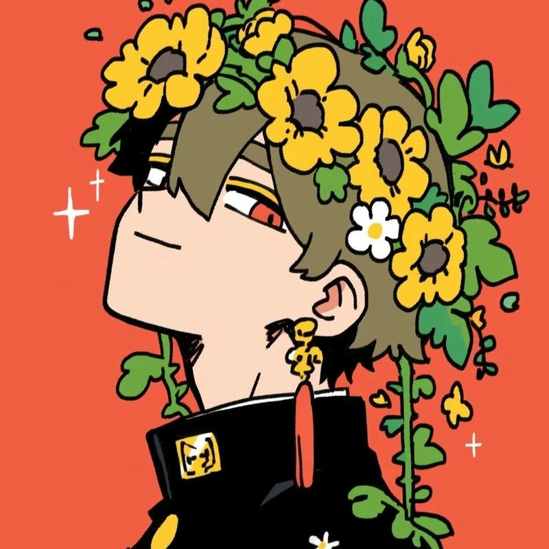 Hình anime nam ngầu bên hoa hướng dương nền đỏ