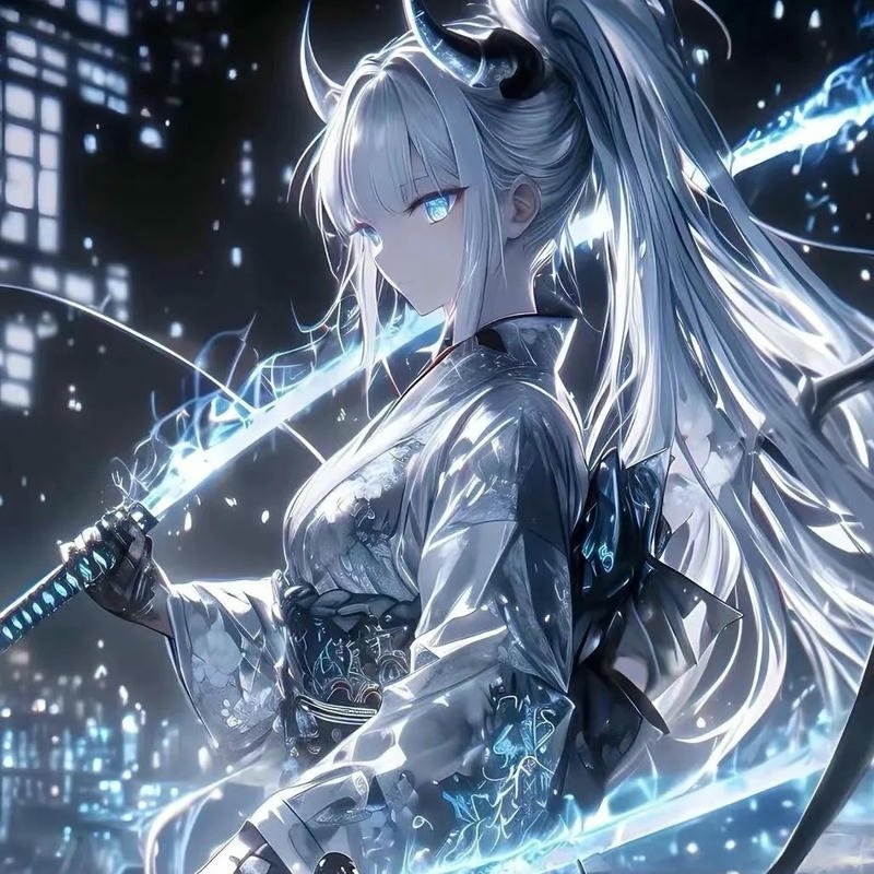 Hình anime nữ ngầu cầm kiếm katana dưới phố đêm