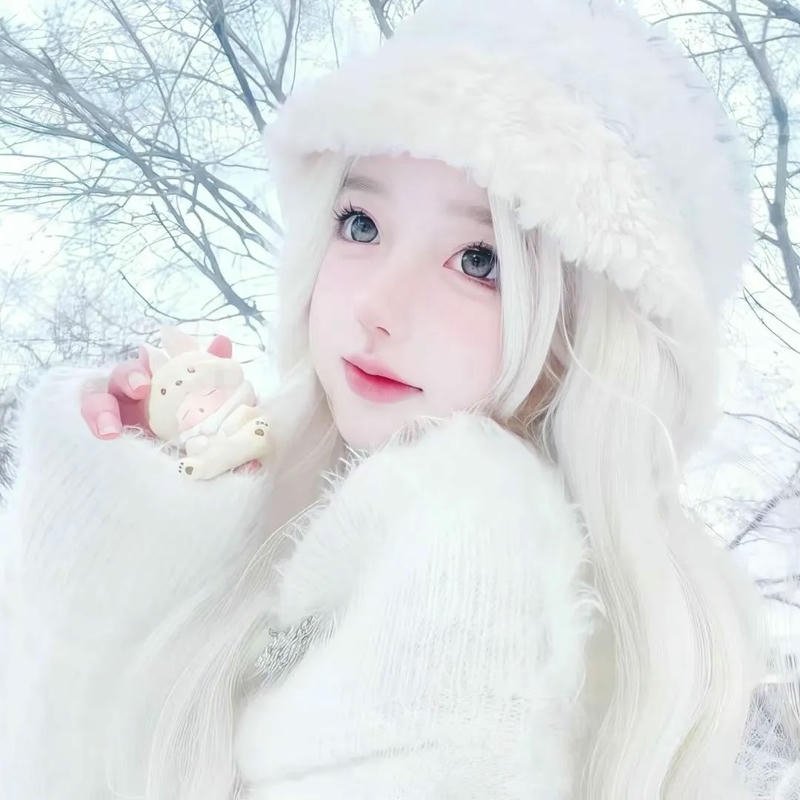 Hình cô gái đội mũ lông trắng xinh xắn mùa đông