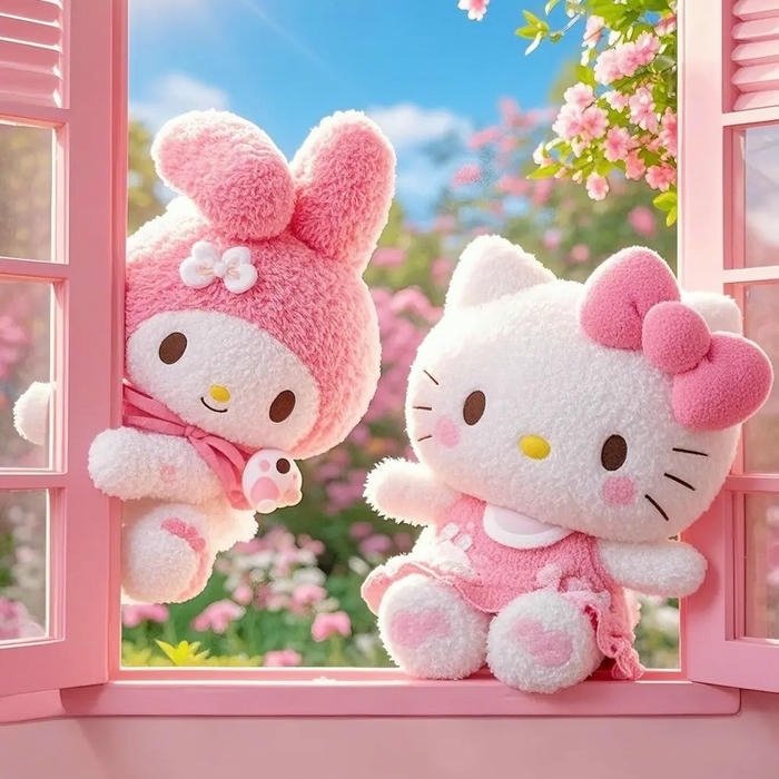 Hình đôi hello kitty và melody ngồi bên cửa sổ thơ