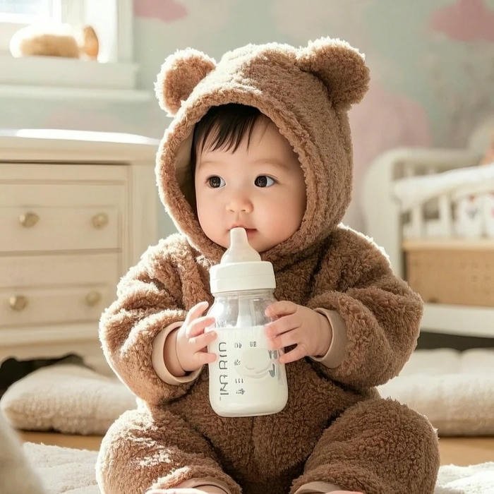 Hình nền em bé mặc đồ gấu ngồi ôm bình sữa