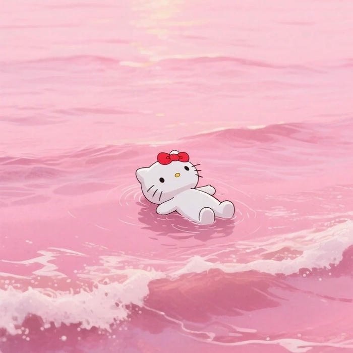Hình nền hello kitty trôi lềnh bềnh trên mặt nước hồng