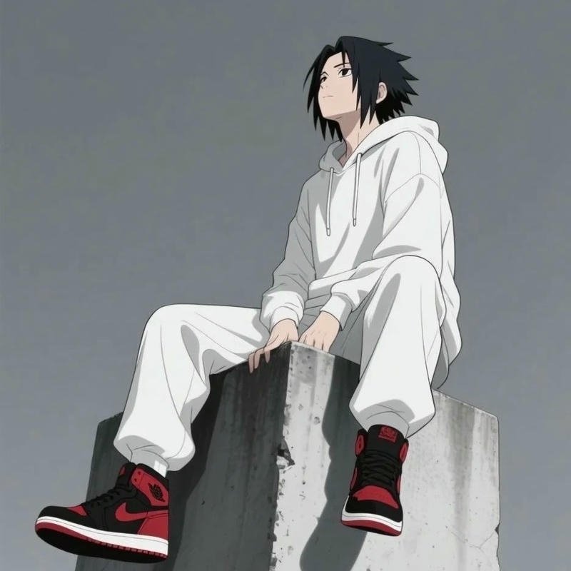 Hình sasuke mặc đồ thể thao trắng ngồi chơi