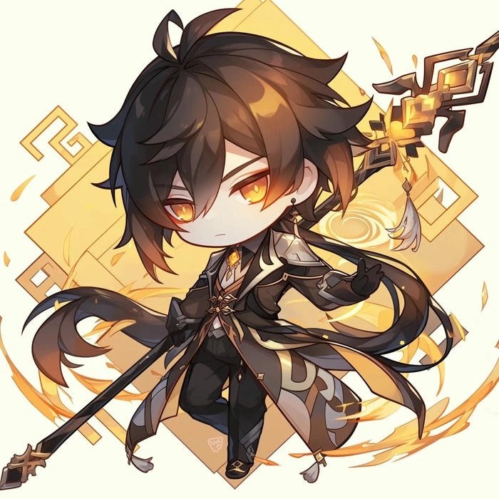 Hình vẽ chibi bé trai cầm thương vàng oai phong lẫm liệt