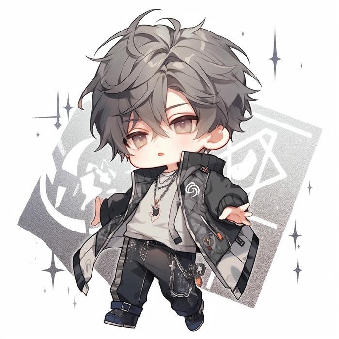 Hình vẽ chibi bé trai tóc xám rối tung phong cách
