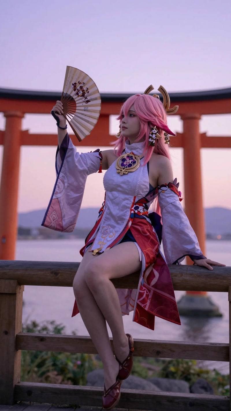 Yae Miko cosplay mặc trang phục truyền thống