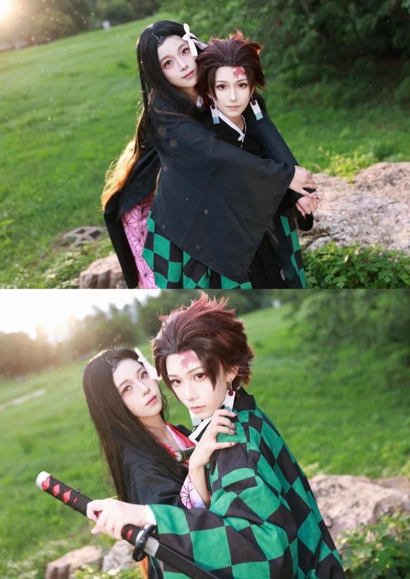 ảnh nezuko cosplay couple ngòai đồng cỏ
