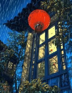 ảnh phong cảnh anime phố nhỏ đèn vàng